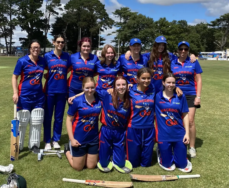 Macedon's women's team in the blue and red one day kit